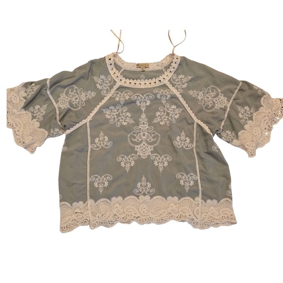 Democracy Tops - Democracy Lace Trimmed Embroidered Boho Blouse Top Green Size 1X